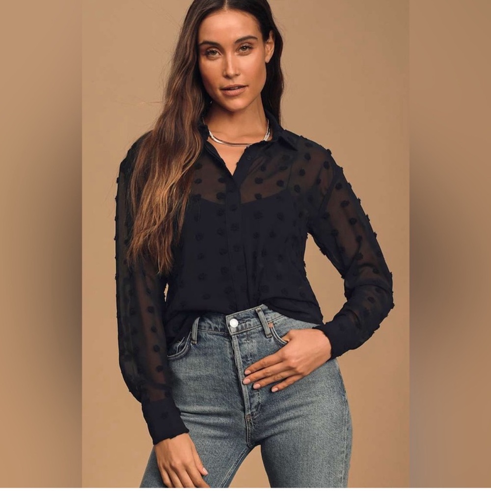 Lulu's Black Sheer Polka Dot Blouse - Preloved